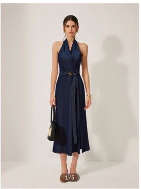 Denim Halter Midi Dress with belt